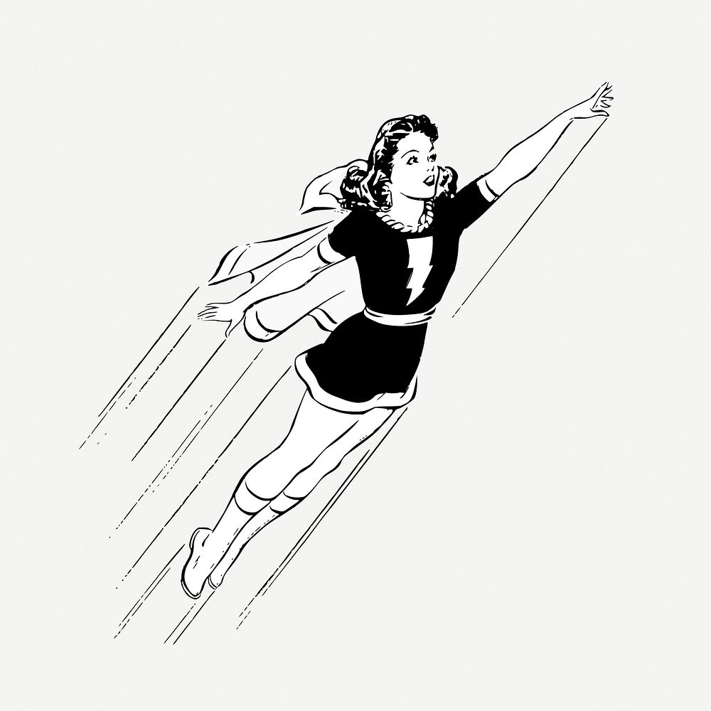 Female superhero flying in the air vintage illustration psd. Free public domain CC0 image.