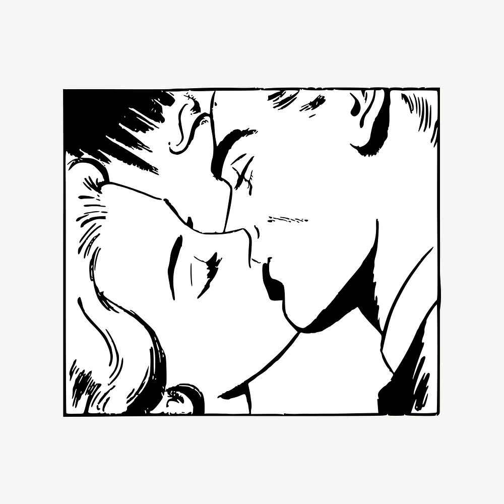 Couple kissing black and white vintage illustration vector. Free public domain CC0 image.