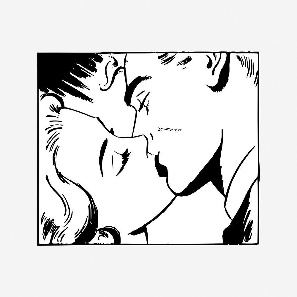 Couple kissing black and white vintage illustration. Free public domain CC0 image.