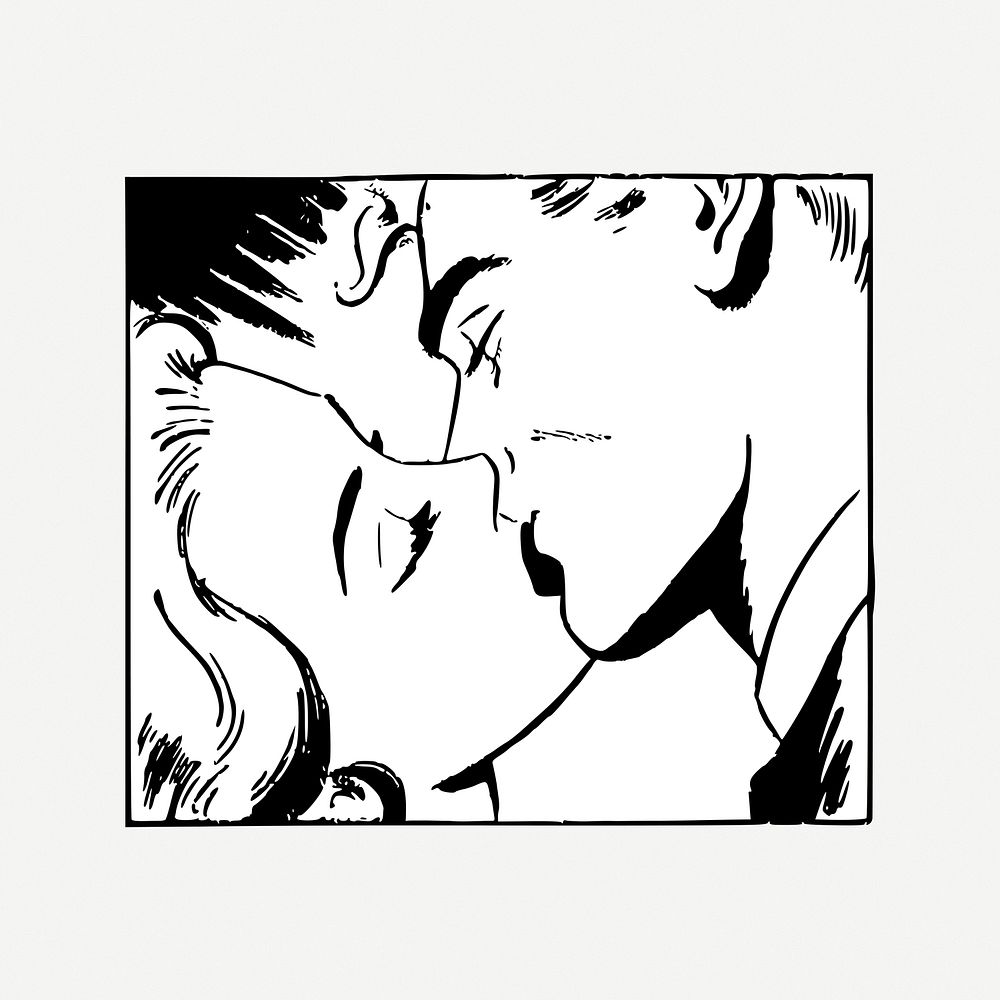 Couple kissing black and white vintage illustration psd. Free public domain CC0 image.