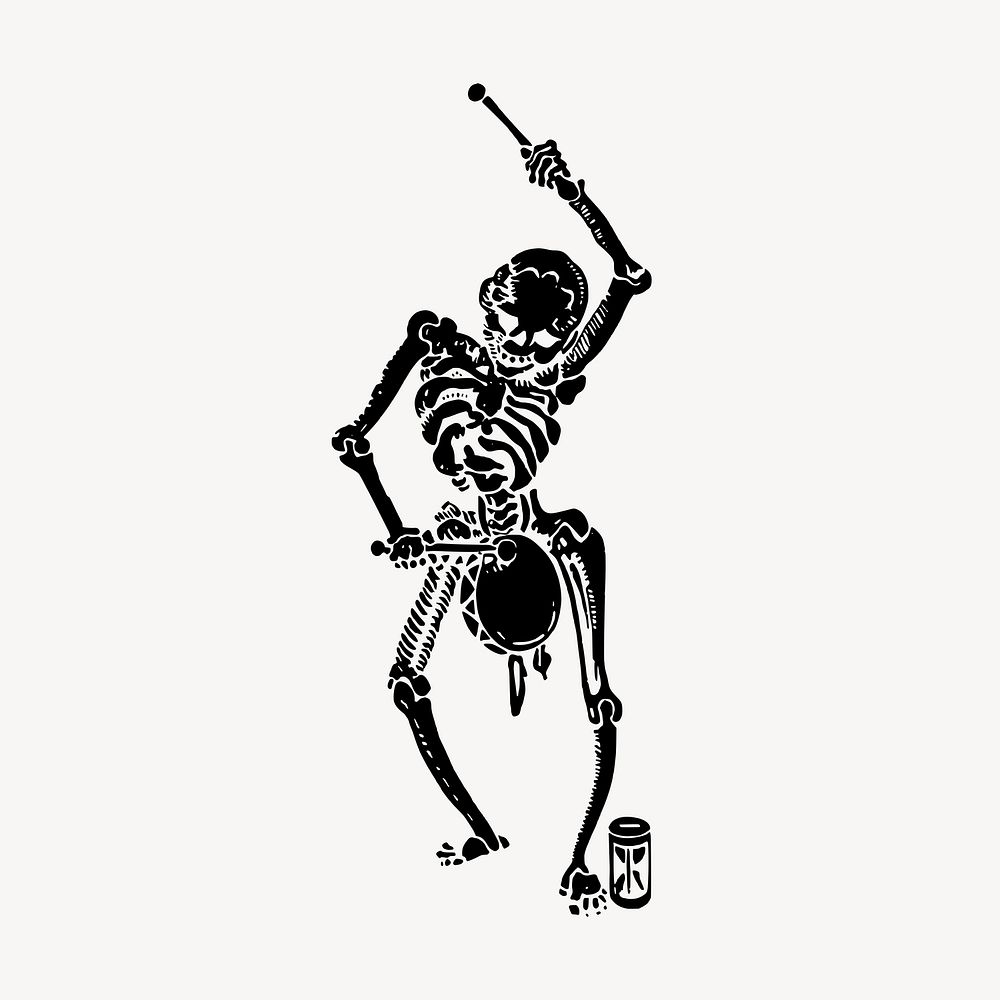 Human skeleton playing drum vintage illustration vector. Free public domain CC0 image.