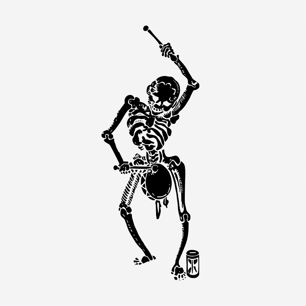 Human skeleton playing drum vintage illustration. Free public domain CC0 image.