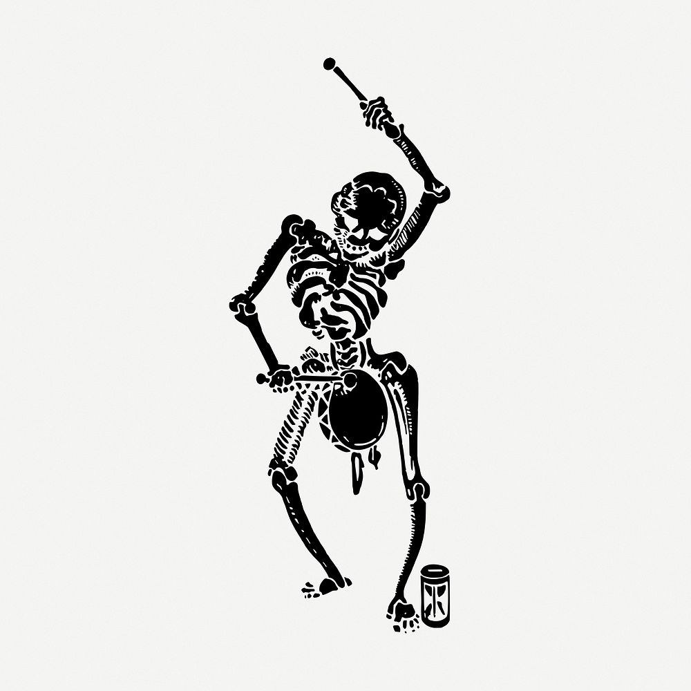 Human skeleton playing drum vintage illustration psd. Free public domain CC0 image.
