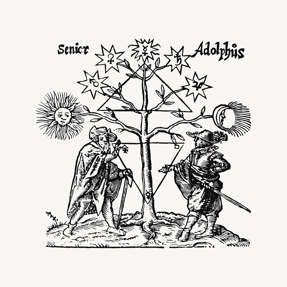Alchemical celestial tree vintage illustration vector. Free public domain CC0 image.