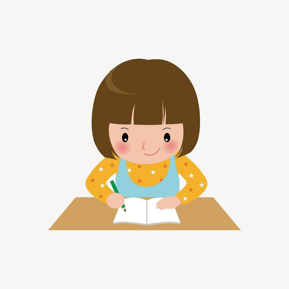 Little girl writing collage element vector