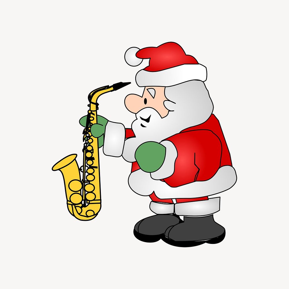Santa Claus with saxophone cartoon illustration. Free public domain CC0 image.