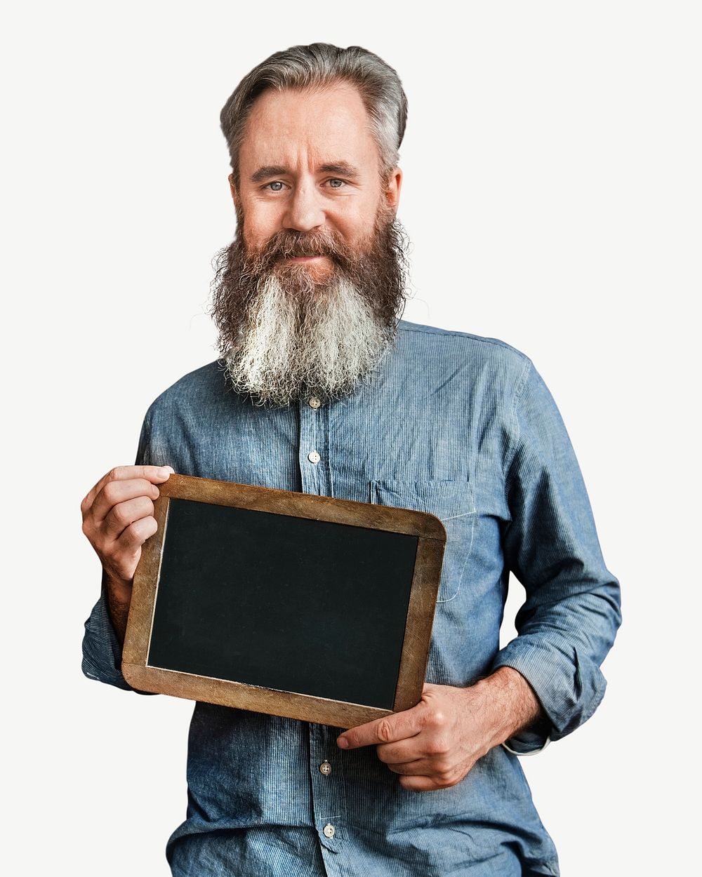 Old caucasian man with blank blackboard collage element psd