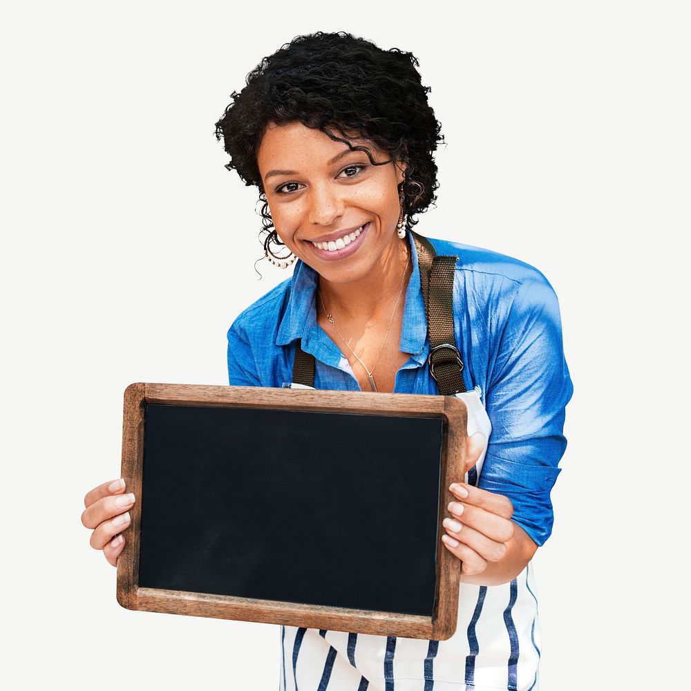 Young woman with blank blackboard collage element psd