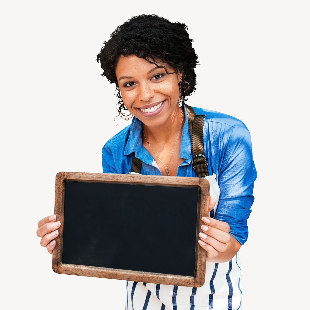 Young woman with blank blackboard image element