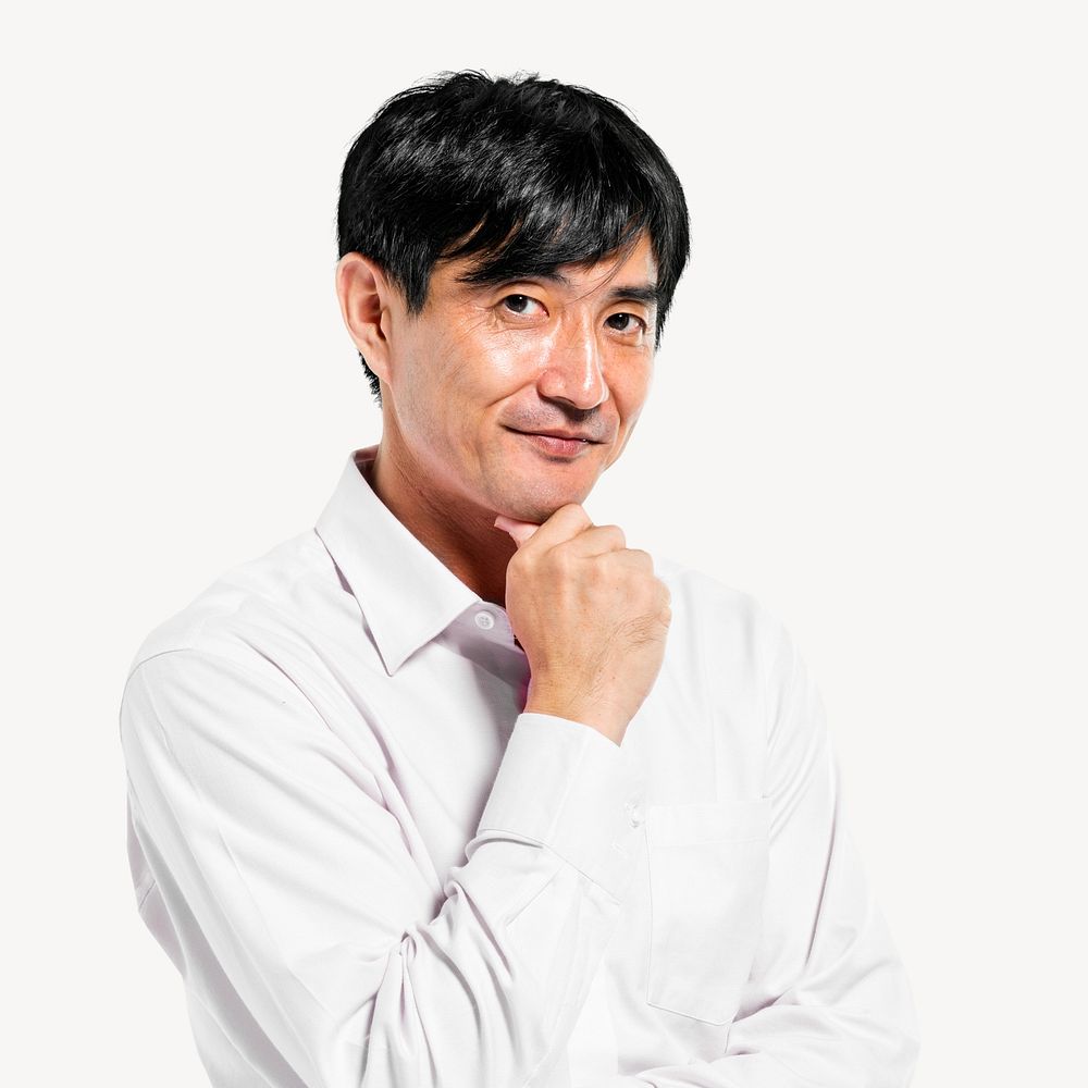 Middle age Asian man posing white background