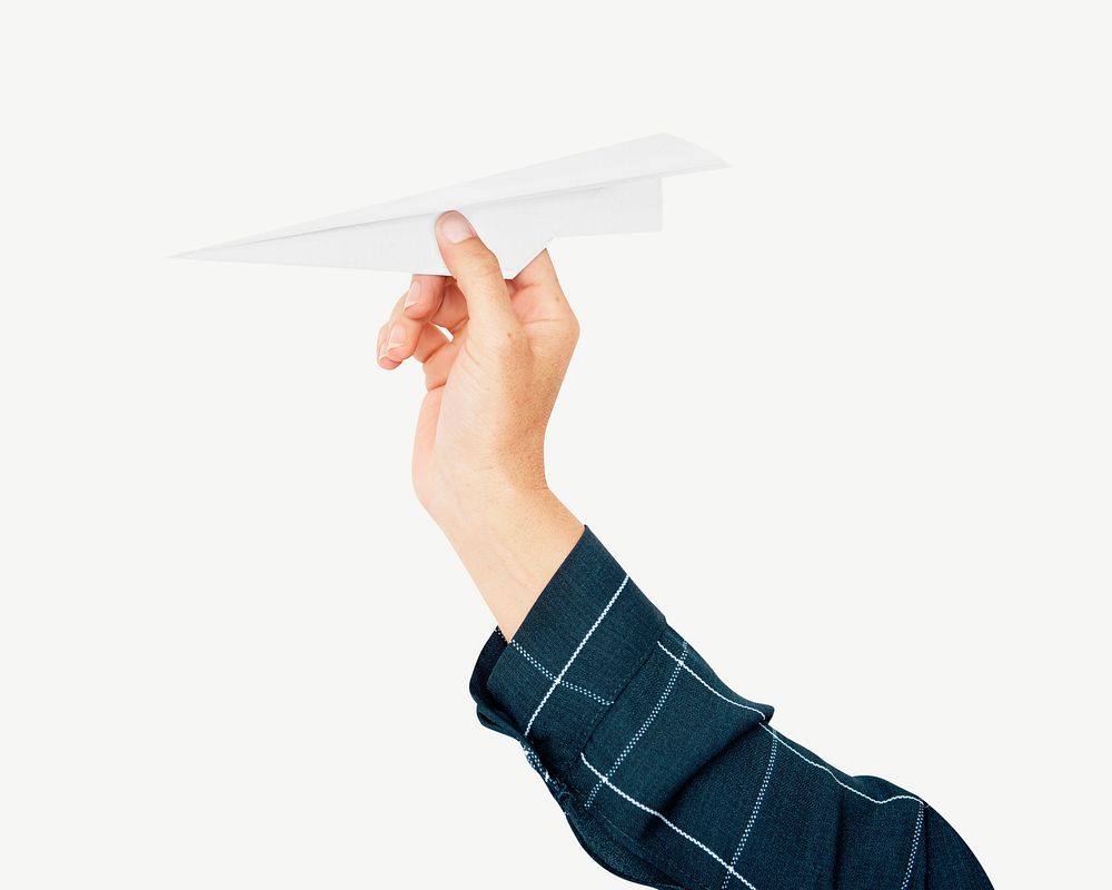 Hand holding origami paper plane collage element psd