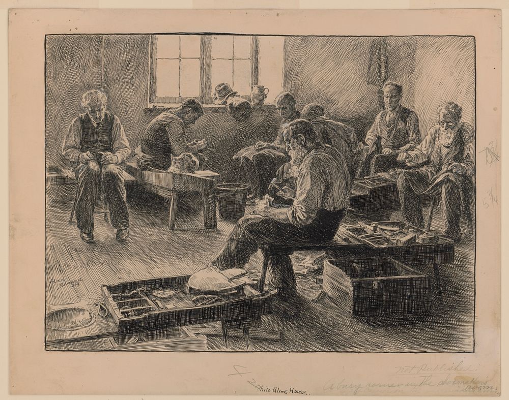 Philadelphia Alms House a busy corner in the shoemaker's room / / Alice Barber. (1889) by Alice Barber Stephens