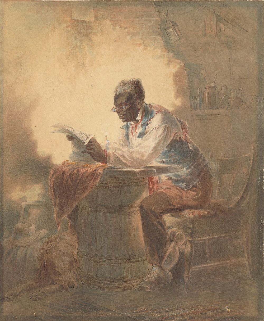 Black man reading newspaper by candlelight (ca 1863) by H L  Henry Louis Stephens