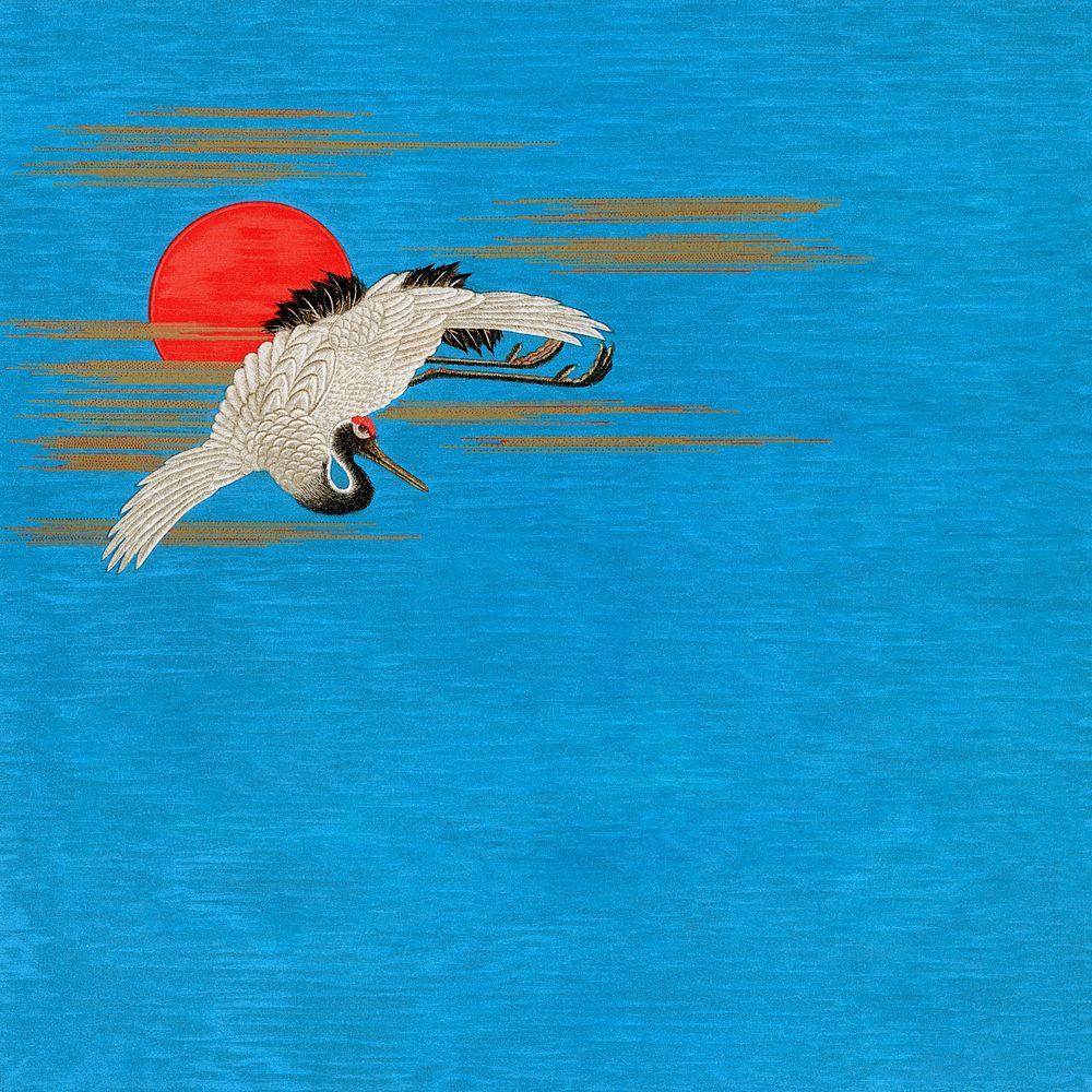 Flying Sarus crane background, traditional Japanese illustration. Remixed by rawpixel.