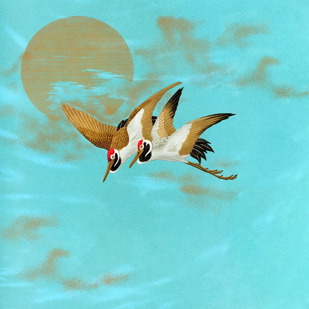 Sarus cranes flying background, traditional Japanese illustration. Remixed by rawpixel.