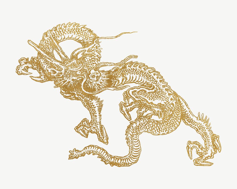 Gold dragon, Japanese mythical creature illustration by Shumboku psd. Remixed by rawpixel.