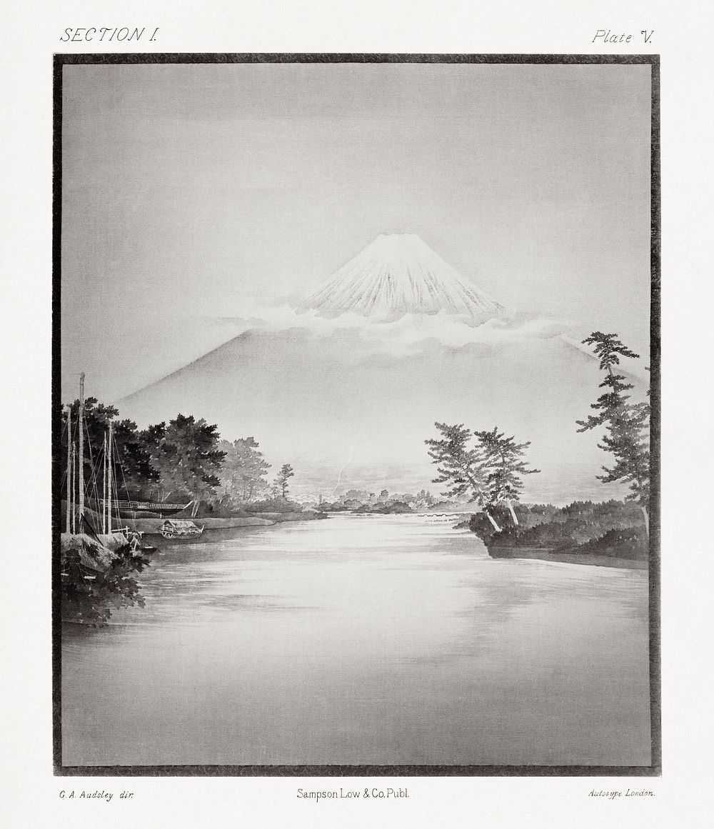 Antique print of Mount Fuji, nature painting by G.A. Audsley-Japanese illustration. Public domain image from our own…