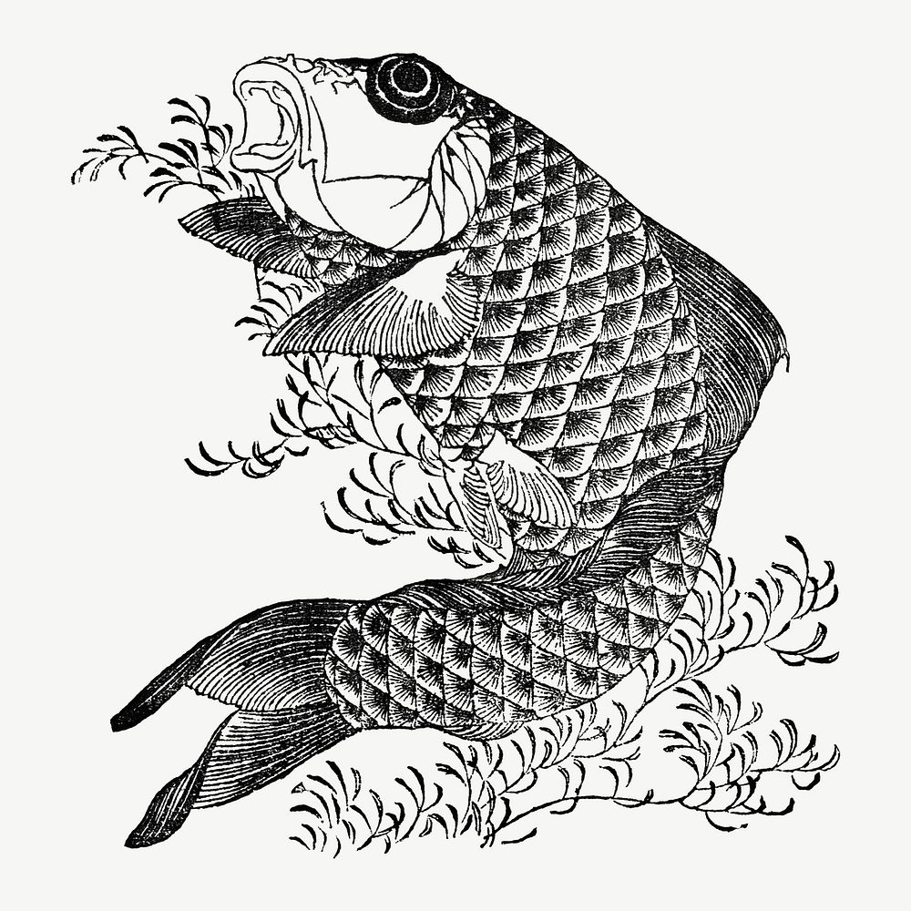 Hokusai's carp fish, Japanese animal illustration psd. Remixed by rawpixel.