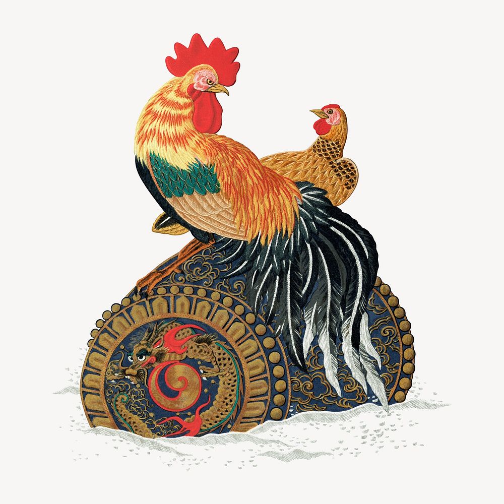 Rooster and hen on floating barrel, vintage painting by G.A. Audsley-Japanese illustration. Remixed by rawpixel.