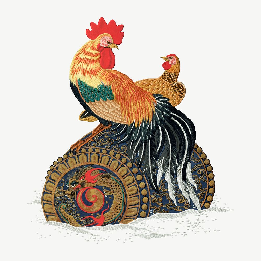Rooster and hen on floating barrel, vintage painting by G.A. Audsley-Japanese illustration psd. Remixed by rawpixel.