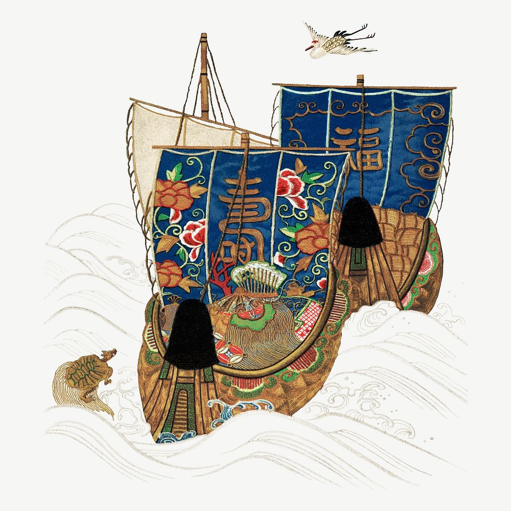 Chinese ship, vintage painting by G.A. Audsley-Japanese illustration psd. Remixed by rawpixel.