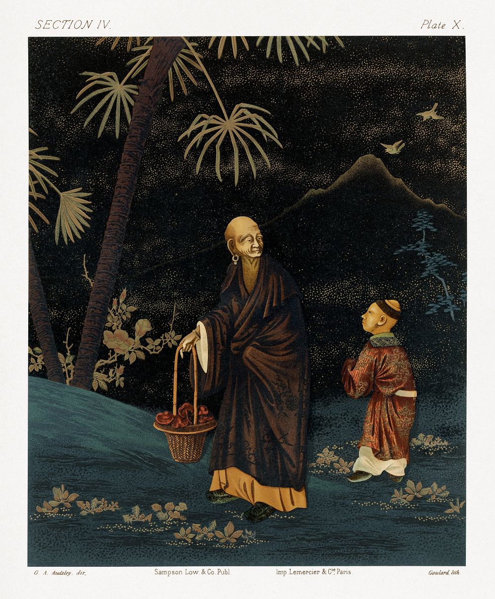 Japanese monk with kid by G.A. Audsley-Japanese illustration. Public domain image from our own original 1884 edition of The…