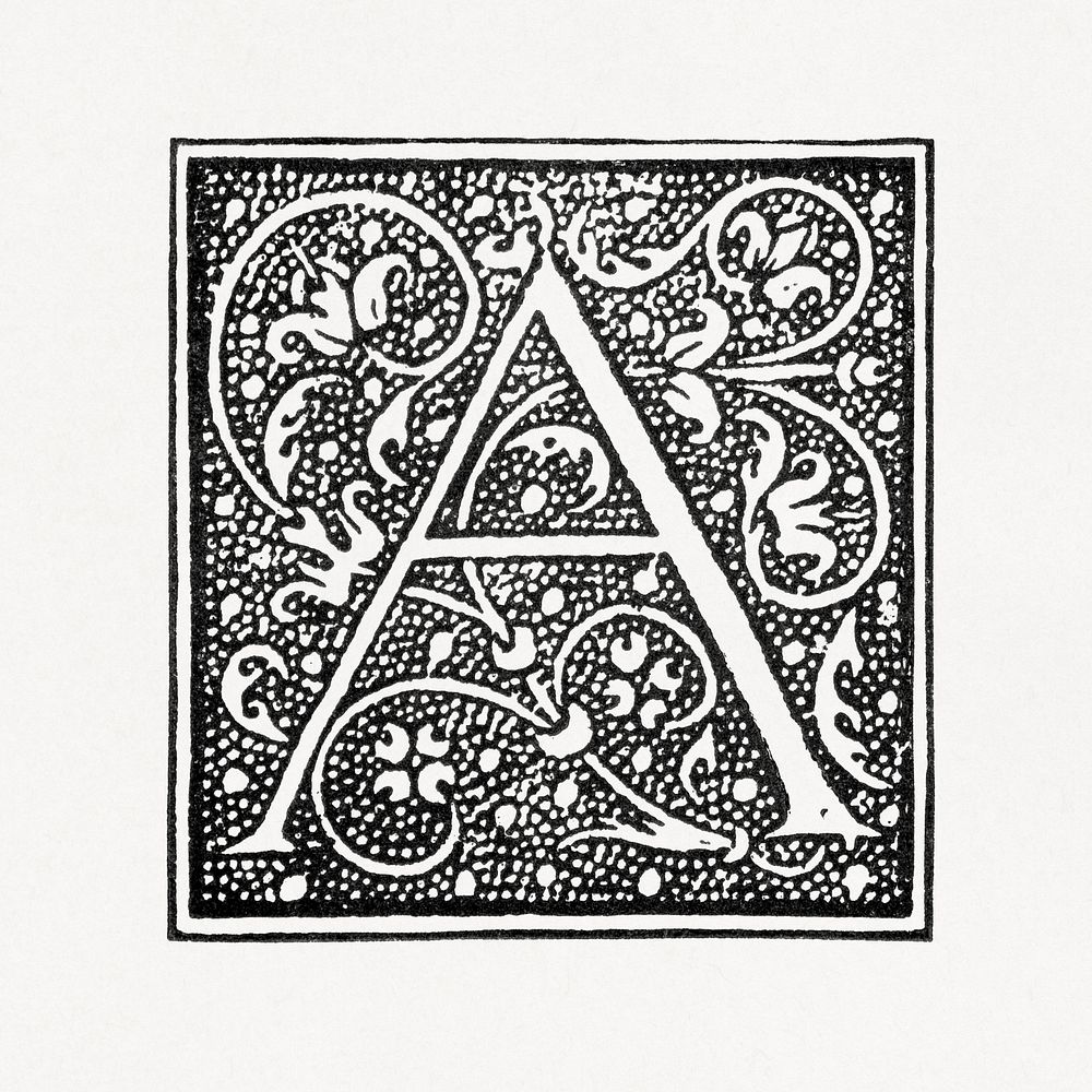 Capital A alphabet letter, ornamental font design. Public domain image from our own original 1884 edition of The Ornamental…
