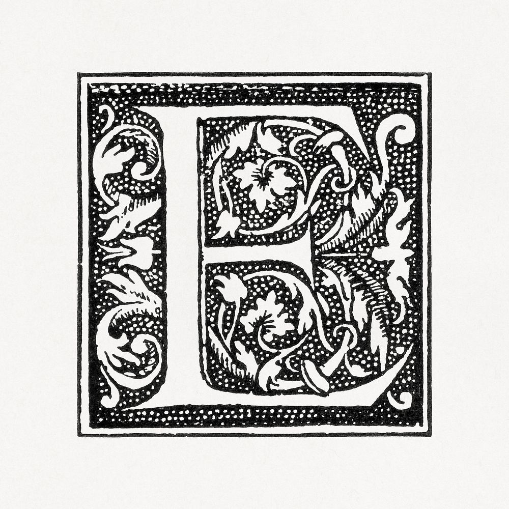Capital E alphabet letter, ornamental font design. Public domain image from our own original 1884 edition of The Ornamental…