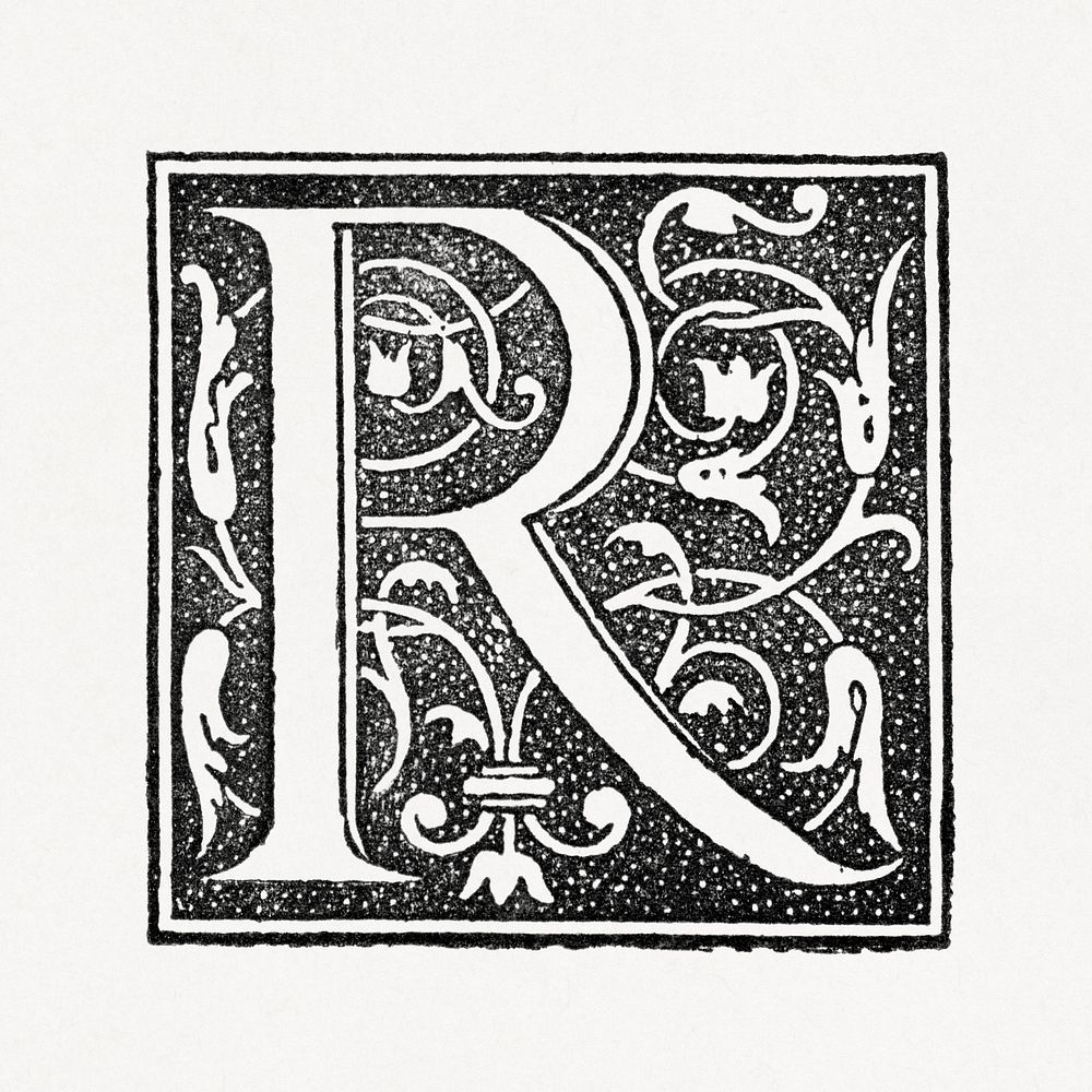 Capital R alphabet letter, ornamental font design. Public domain image from our own original 1884 edition of The Ornamental…