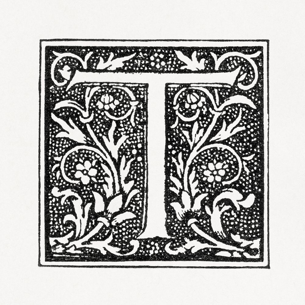 Capital T alphabet letter, ornamental font design. Public domain image from our own original 1884 edition of The Ornamental…