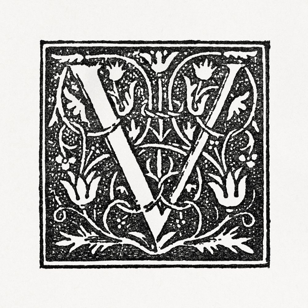 Capital V alphabet letter, ornamental font design. Public domain image from our own original 1884 edition of The Ornamental…