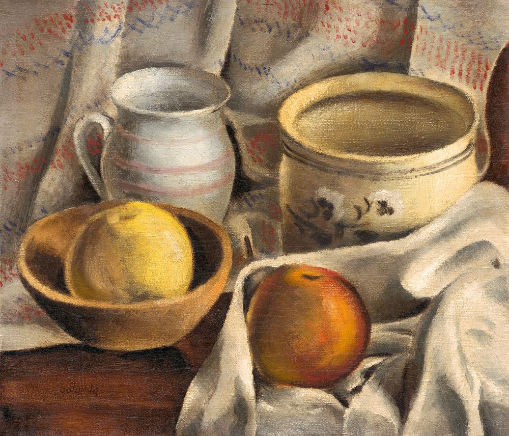 Still life with ceramic pots and apples (1925&ndash;1927), vintage painting by Mikulas Galanda. Original public domain image…