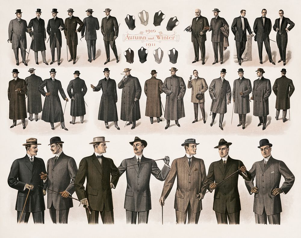 Men wearing a variety of clothing styles and fashions (1910) chromolithograph art. Original public domain image from the…