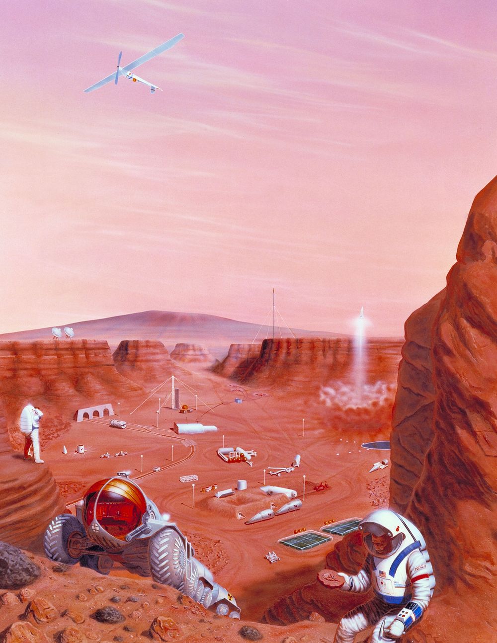 Artist's concept of possible exploration of the surface of Mars (2005) chromolithograph art by NASA. Original public domain…