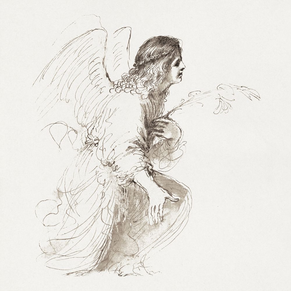 The Angel of the Annunciation (1638-1639) drawing art by Giovanni Francesco Barbieri, called Guercino. Original public…