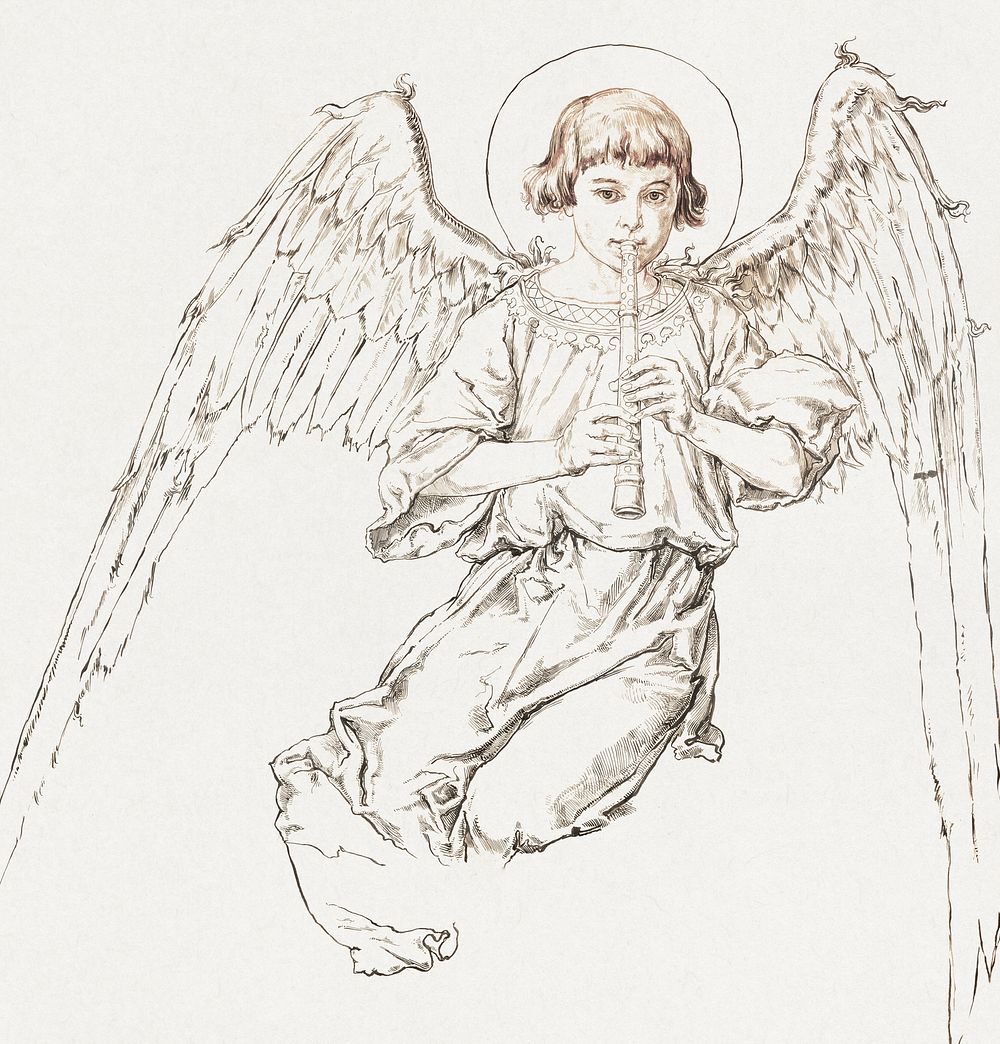 Cardboard for the polychrome of St. Mary's Church - Figure of an angel playing the flute (1888-1891) drawing art by Jan…