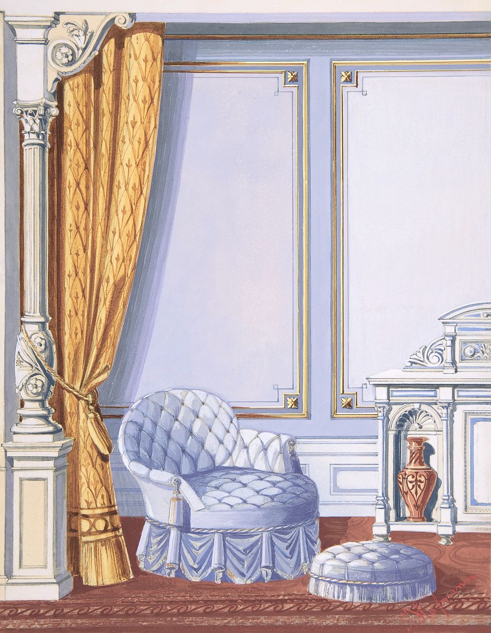 Room Interior Design for a Gray Curtained Alcove, with an Uphostered Armchair, Ottoman and Cabinet (late 19th century).…