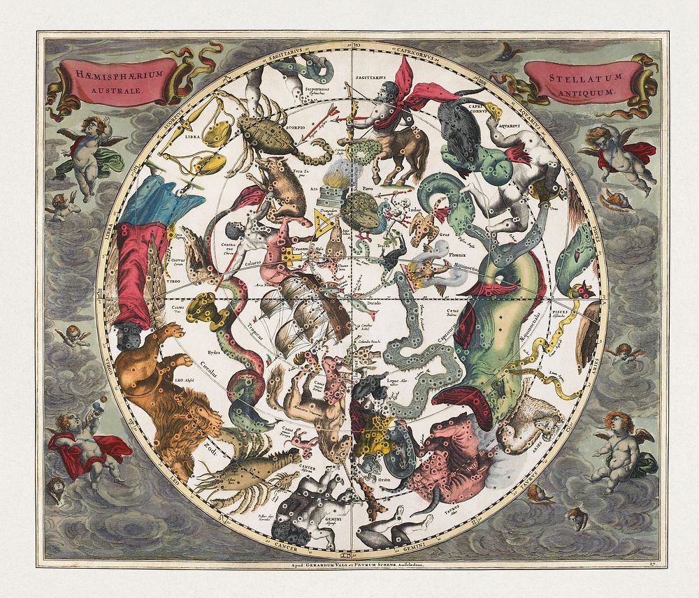 The Southern Stellar Hemisphere of Antiquity, plate 27 from Harmonia Microcosmica (1660) by Andreas Cellarius. Original…