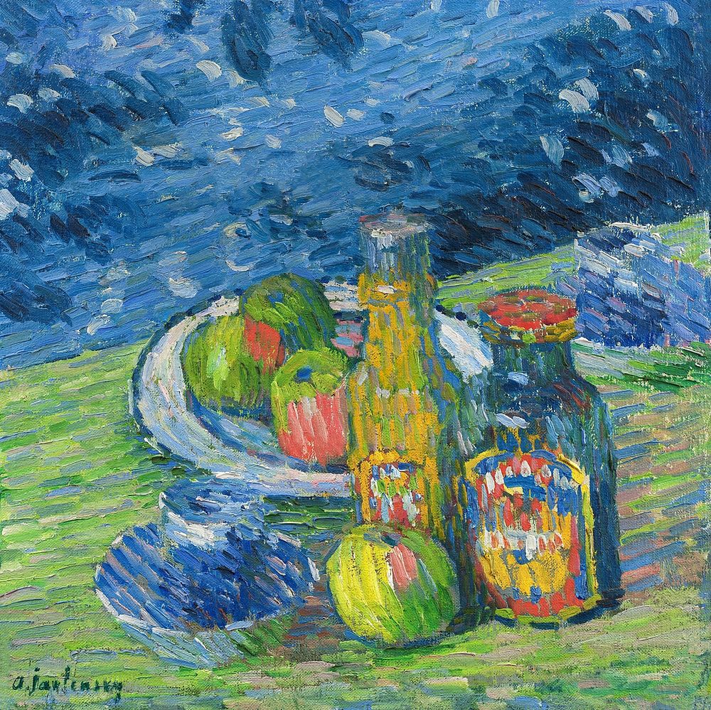 Still Life with Bottles and Fruit (1900) vintage painting by Alexej von Jawlensky. Original public domain image from The…