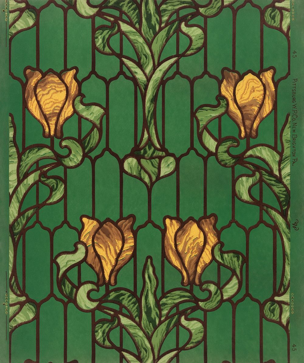 Flower patterned stained glass (1900)  yellow tulip with green foliage. Original public domain image from The Smithsonian…