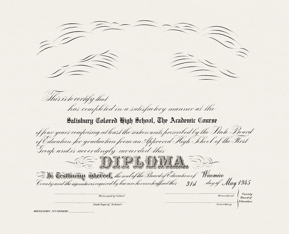 Diploma from Salisbury, MD Colored High School (1947) received by Sarah Elizabeth Wright. Original public domain image from…