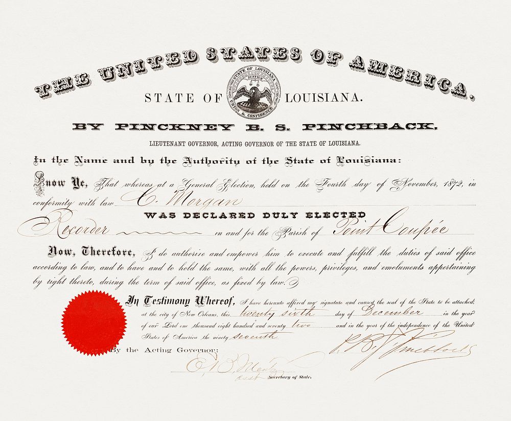 Commission signed by Pinckney Pinchback as acting governor of Louisiana (1872). Original public domain image from The…