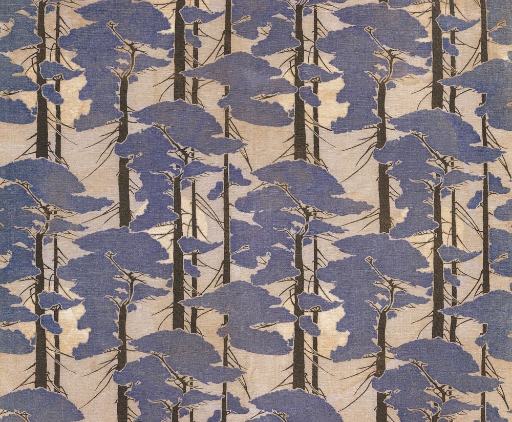 Length of textile printed in the Arts & Crafts style, with a full moon seen through pine trees, reflecting the influence of…