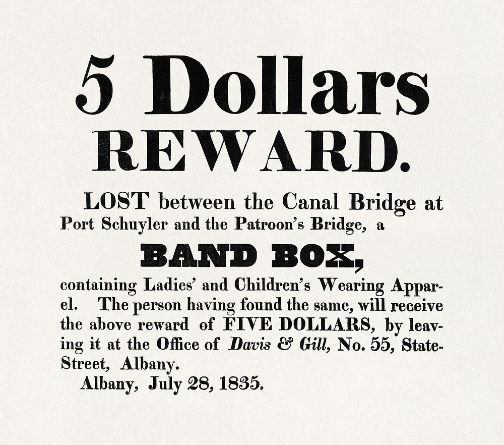 Broadside (1835) 5 dollars reward announcement. Original public domain image from The Smithsonian Institution. Digitally…