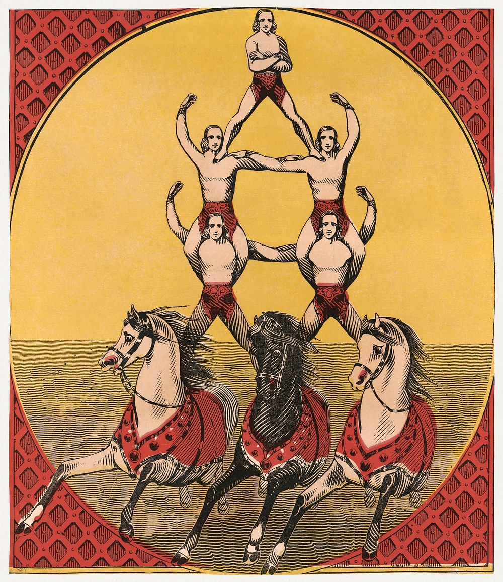 Five acrobats on three horses, chromolithograph art. Original public domain image from Library of Congress. Digitally…