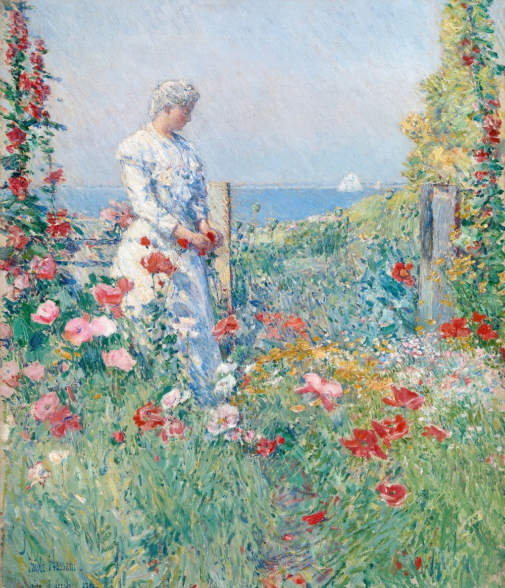 In the Garden (Celia Thaxter in Her Garden) oil painting by Childe Hassam. Original public domain image from Smithsonian.…