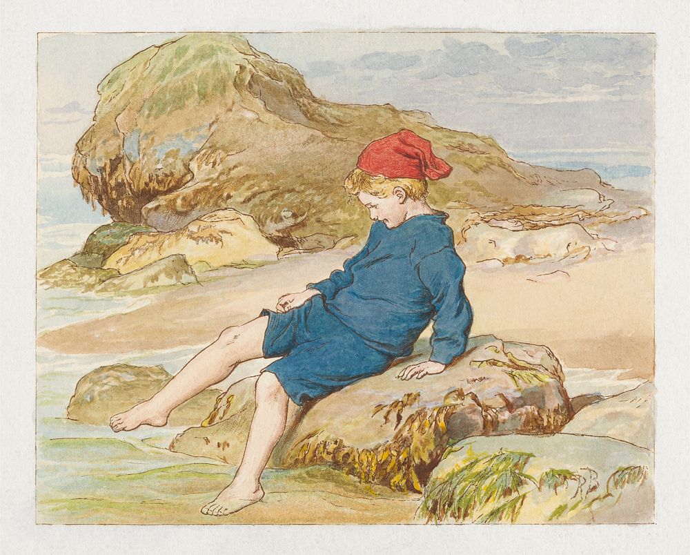Boy Playing by the Sea, chromolithograph art by Robert Barnes. Original public domain image from Yale Center for British…