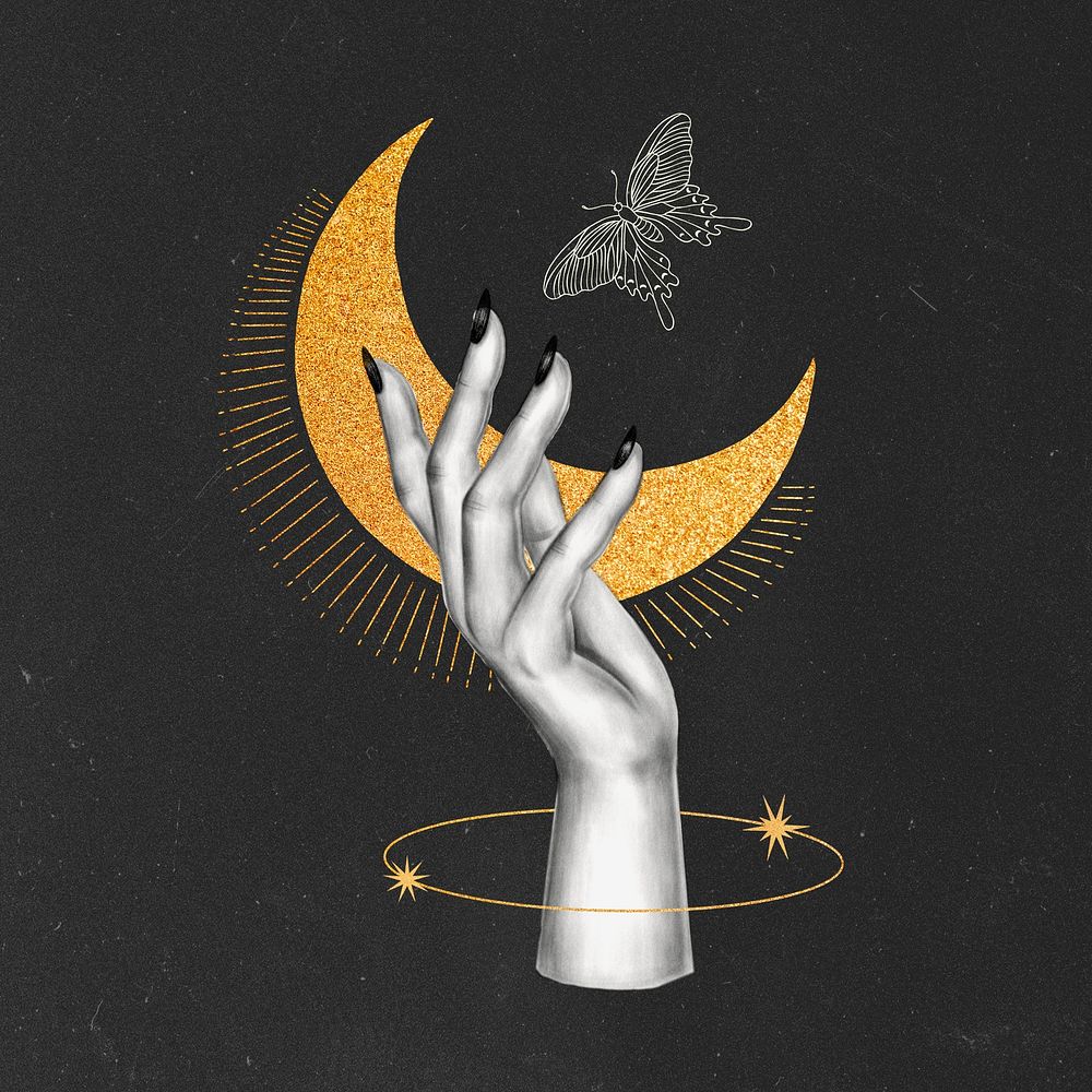Crescent moon, spiritual illustration on black design