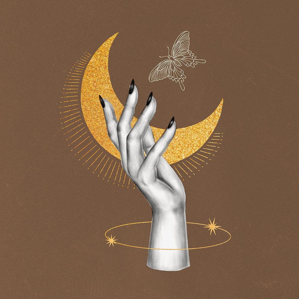 Crescent moon and hand, spiritual illustration