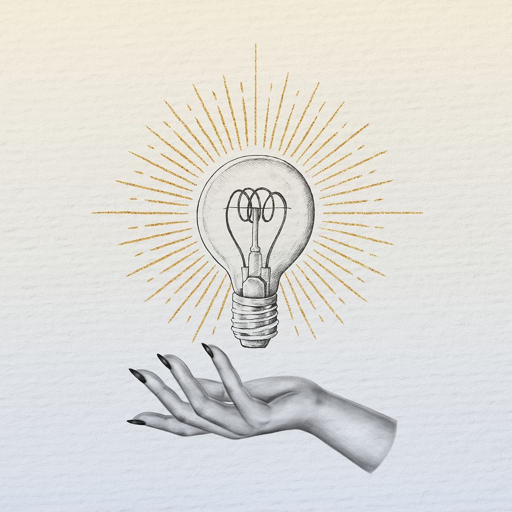 Vintage light bulb & hand illustration